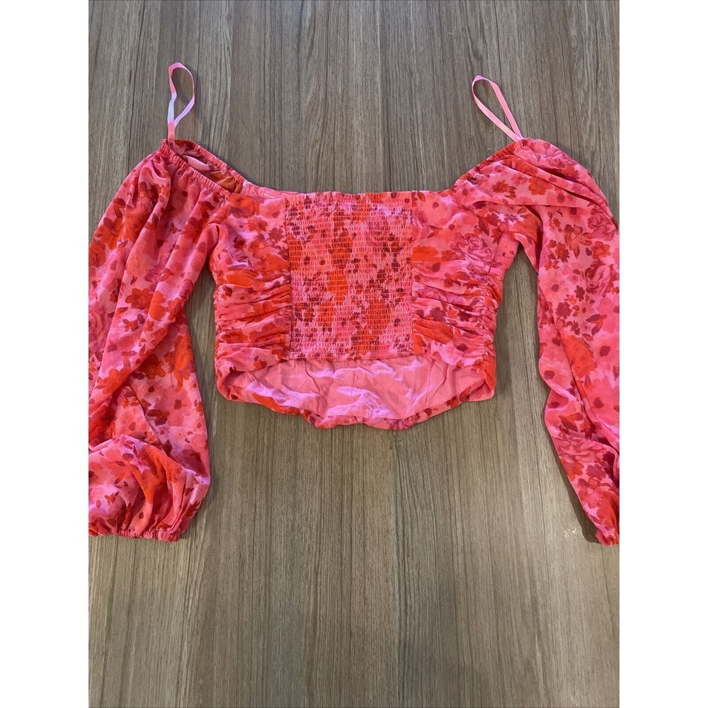 Free People Oh Lala Top Size XS Pink & Red Rose Ruched Shirred NWOT $108 - Picture 7 of 10